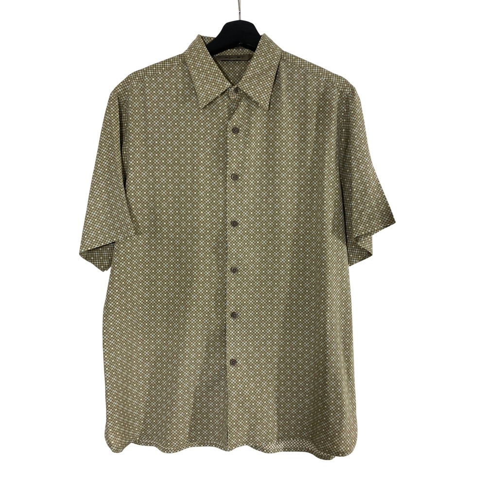 Axist Button Down Shirt Mens M Green Excellent Washable Silk Geometric Dot S/S